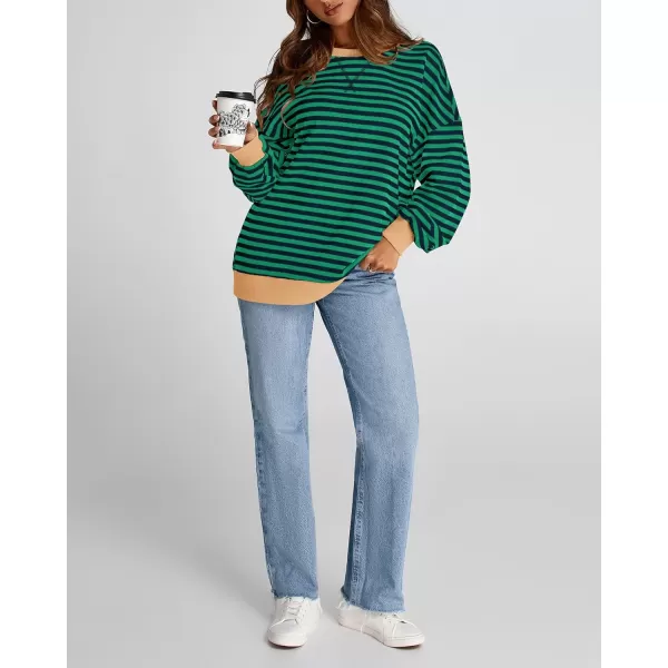 BTFBM Womens Striped Pullover Tops 2024 Fall Clothes Long Lantern Sleeve Soft Loose Crew Neck Y2K SweatshirtsGreen Navy
