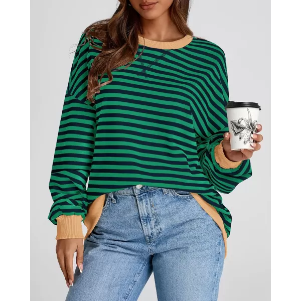 BTFBM Womens Striped Pullover Tops 2024 Fall Clothes Long Lantern Sleeve Soft Loose Crew Neck Y2K SweatshirtsGreen Navy