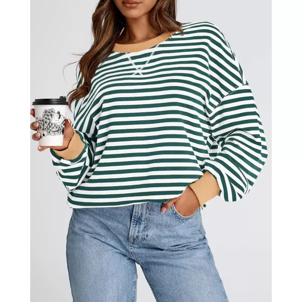 BTFBM Womens Striped Pullover Tops 2024 Fall Clothes Long Lantern Sleeve Soft Loose Crew Neck Y2K SweatshirtsGreen White