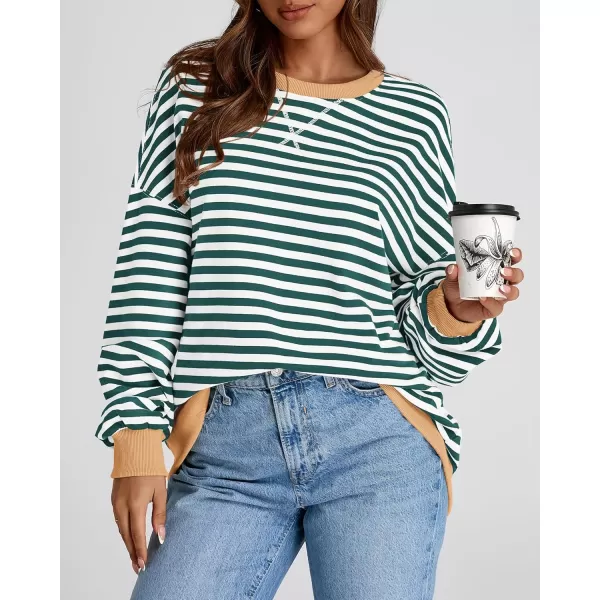 BTFBM Womens Striped Pullover Tops 2024 Fall Clothes Long Lantern Sleeve Soft Loose Crew Neck Y2K SweatshirtsGreen White