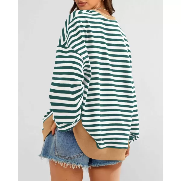 BTFBM Womens Striped Pullover Tops 2024 Fall Clothes Long Lantern Sleeve Soft Loose Crew Neck Y2K SweatshirtsGreen White