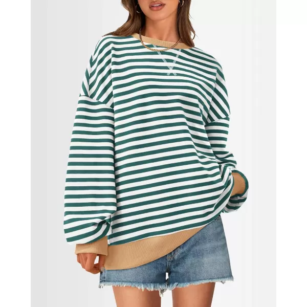 BTFBM Womens Striped Pullover Tops 2024 Fall Clothes Long Lantern Sleeve Soft Loose Crew Neck Y2K SweatshirtsGreen White