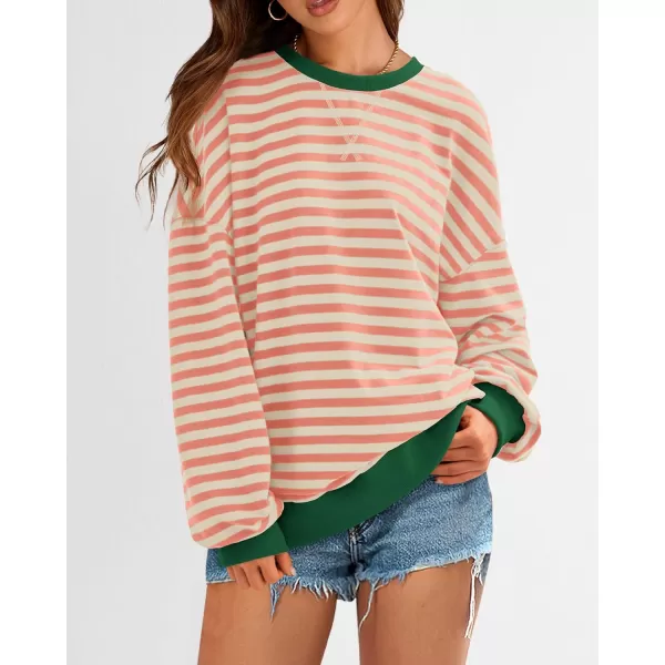 BTFBM Womens Striped Pullover Tops 2024 Fall Clothes Long Lantern Sleeve Soft Loose Crew Neck Y2K SweatshirtsLight Orange Apricot