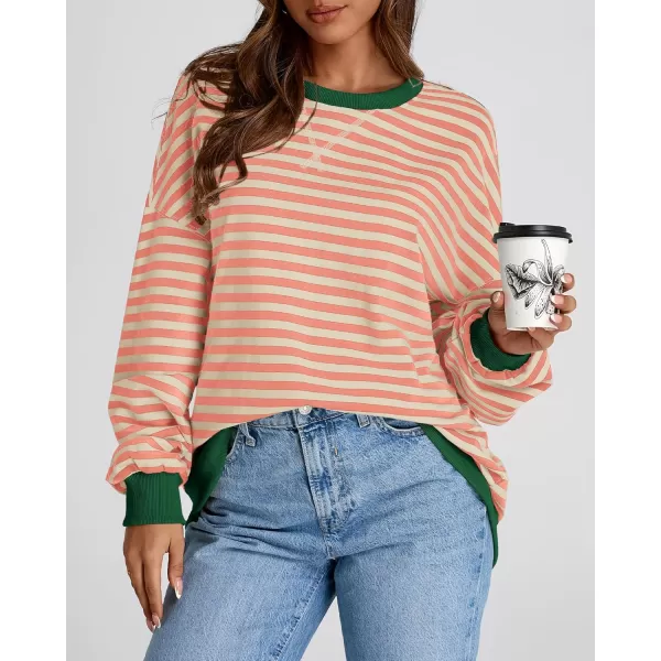 BTFBM Womens Striped Pullover Tops 2024 Fall Clothes Long Lantern Sleeve Soft Loose Crew Neck Y2K SweatshirtsLight Orange Apricot
