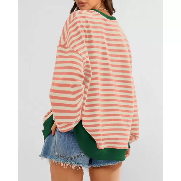BTFBM Womens Striped Pullover Tops 2024 Fall Clothes Long Lantern Sleeve Soft Loose Crew Neck Y2K SweatshirtsLight Orange Apricot