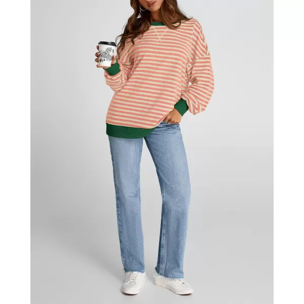 BTFBM Womens Striped Pullover Tops 2024 Fall Clothes Long Lantern Sleeve Soft Loose Crew Neck Y2K SweatshirtsLight Orange Apricot