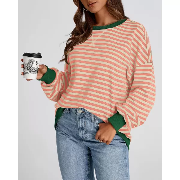 BTFBM Womens Striped Pullover Tops 2024 Fall Clothes Long Lantern Sleeve Soft Loose Crew Neck Y2K SweatshirtsLight Orange Apricot