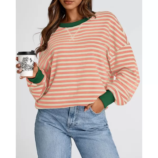 BTFBM Womens Striped Pullover Tops 2024 Fall Clothes Long Lantern Sleeve Soft Loose Crew Neck Y2K SweatshirtsLight Orange Apricot