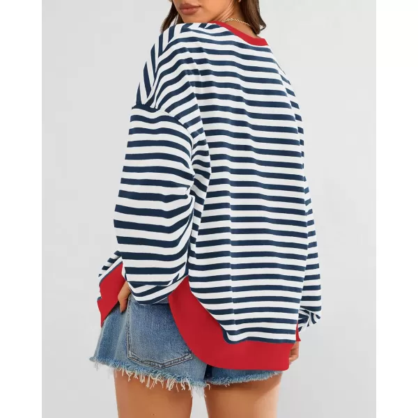 BTFBM Womens Striped Pullover Tops 2024 Fall Clothes Long Lantern Sleeve Soft Loose Crew Neck Y2K SweatshirtsNavy White