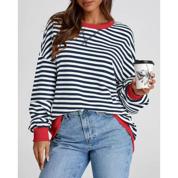BTFBM Womens Striped Pullover Tops 2024 Fall Clothes Long Lantern Sleeve Soft Loose Crew Neck Y2K SweatshirtsNavy White