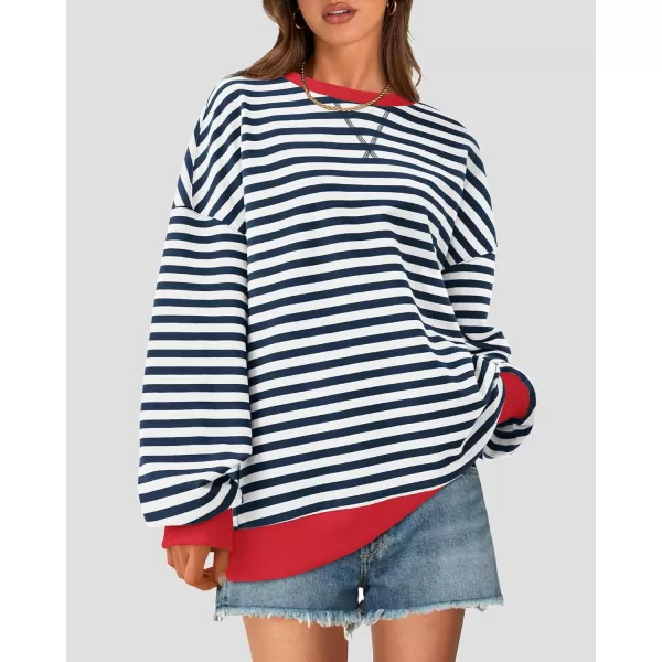 BTFBM Womens Striped Pullover Tops 2024 Fall Clothes Long Lantern Sleeve Soft Loose Crew Neck Y2K SweatshirtsNavy White