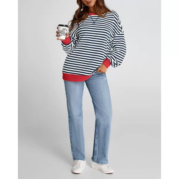 BTFBM Womens Striped Pullover Tops 2024 Fall Clothes Long Lantern Sleeve Soft Loose Crew Neck Y2K SweatshirtsNavy White