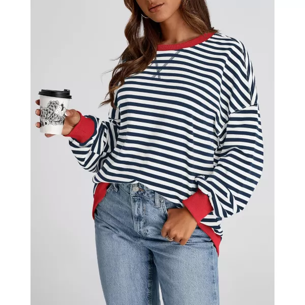 BTFBM Womens Striped Pullover Tops 2024 Fall Clothes Long Lantern Sleeve Soft Loose Crew Neck Y2K SweatshirtsNavy White