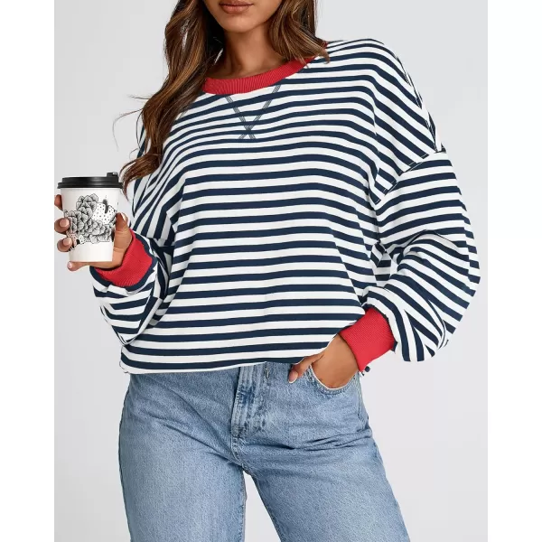 BTFBM Womens Striped Pullover Tops 2024 Fall Clothes Long Lantern Sleeve Soft Loose Crew Neck Y2K SweatshirtsNavy White