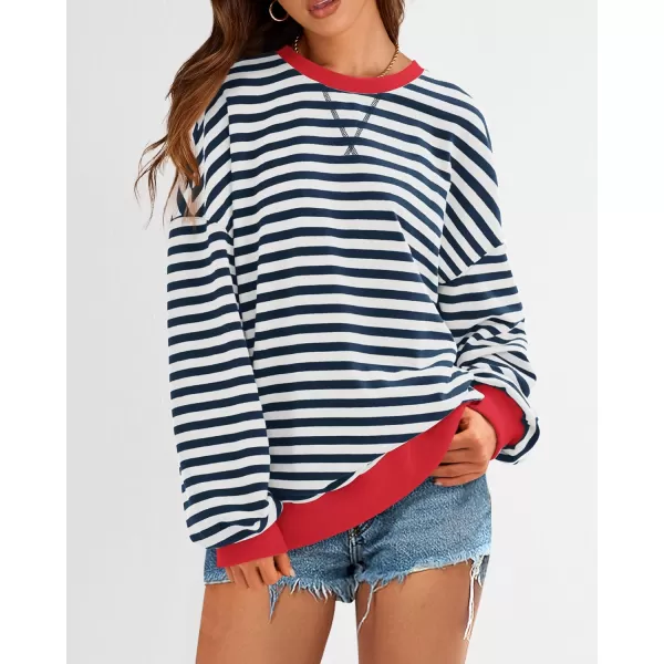 BTFBM Womens Striped Pullover Tops 2024 Fall Clothes Long Lantern Sleeve Soft Loose Crew Neck Y2K SweatshirtsNavy White