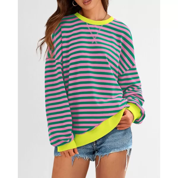 BTFBM Womens Striped Pullover Tops 2024 Fall Clothes Long Lantern Sleeve Soft Loose Crew Neck Y2K SweatshirtsPink Green