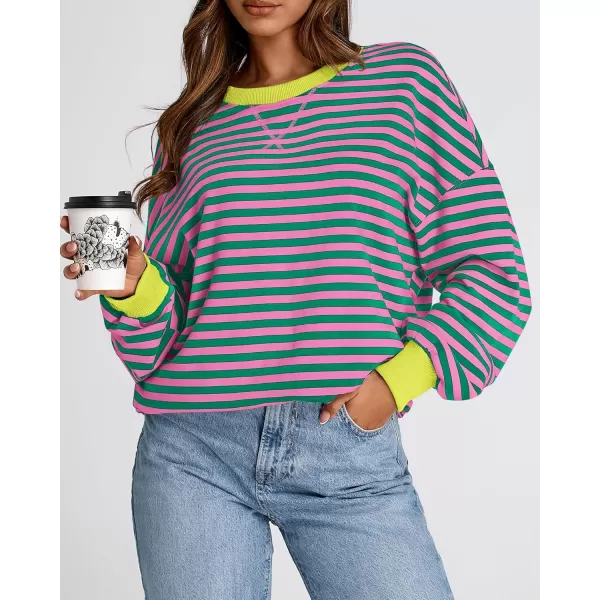 BTFBM Womens Striped Pullover Tops 2024 Fall Clothes Long Lantern Sleeve Soft Loose Crew Neck Y2K SweatshirtsPink Green