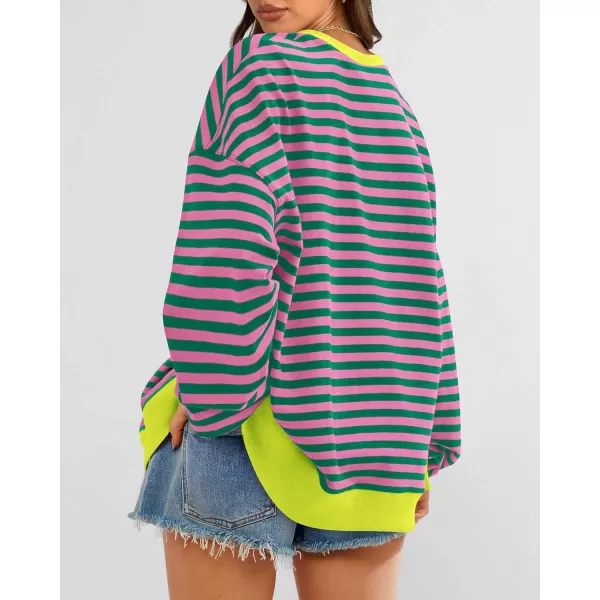 BTFBM Womens Striped Pullover Tops 2024 Fall Clothes Long Lantern Sleeve Soft Loose Crew Neck Y2K SweatshirtsPink Green