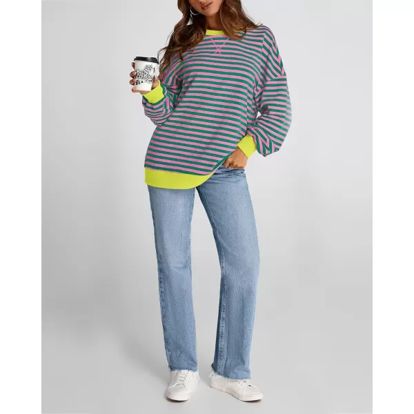 BTFBM Womens Striped Pullover Tops 2024 Fall Clothes Long Lantern Sleeve Soft Loose Crew Neck Y2K SweatshirtsPink Green