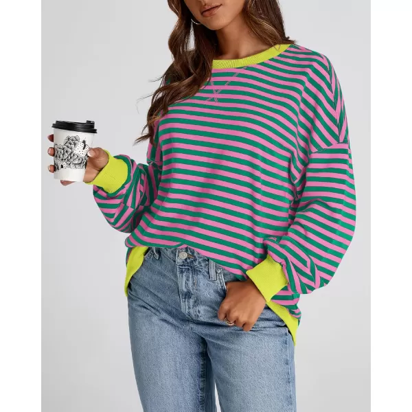 BTFBM Womens Striped Pullover Tops 2024 Fall Clothes Long Lantern Sleeve Soft Loose Crew Neck Y2K SweatshirtsPink Green