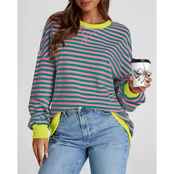 BTFBM Womens Striped Pullover Tops 2024 Fall Clothes Long Lantern Sleeve Soft Loose Crew Neck Y2K SweatshirtsPink Green