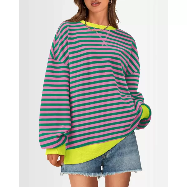 BTFBM Womens Striped Pullover Tops 2024 Fall Clothes Long Lantern Sleeve Soft Loose Crew Neck Y2K SweatshirtsPink Green