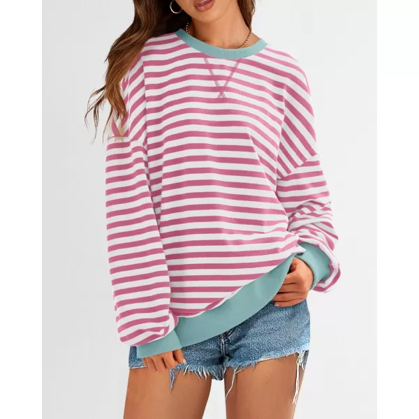 BTFBM Womens Striped Pullover Tops 2024 Fall Clothes Long Lantern Sleeve Soft Loose Crew Neck Y2K SweatshirtsPink White