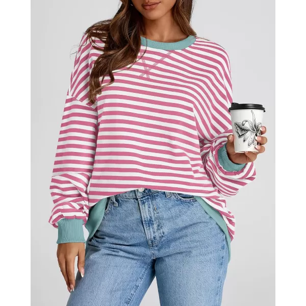 BTFBM Womens Striped Pullover Tops 2024 Fall Clothes Long Lantern Sleeve Soft Loose Crew Neck Y2K SweatshirtsPink White