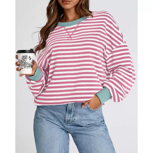 BTFBM Womens Striped Pullover Tops 2024 Fall Clothes Long Lantern Sleeve Soft Loose Crew Neck Y2K SweatshirtsPink White