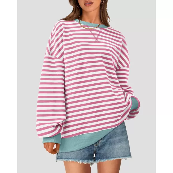 BTFBM Womens Striped Pullover Tops 2024 Fall Clothes Long Lantern Sleeve Soft Loose Crew Neck Y2K SweatshirtsPink White