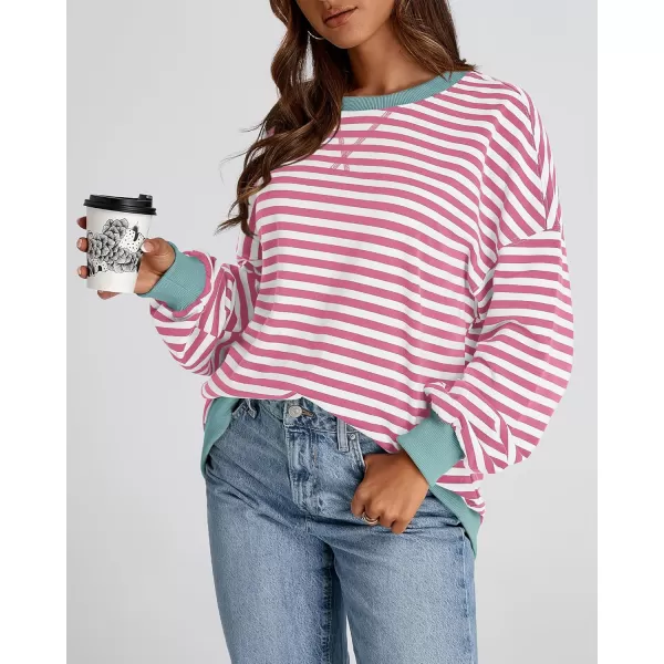BTFBM Womens Striped Pullover Tops 2024 Fall Clothes Long Lantern Sleeve Soft Loose Crew Neck Y2K SweatshirtsPink White