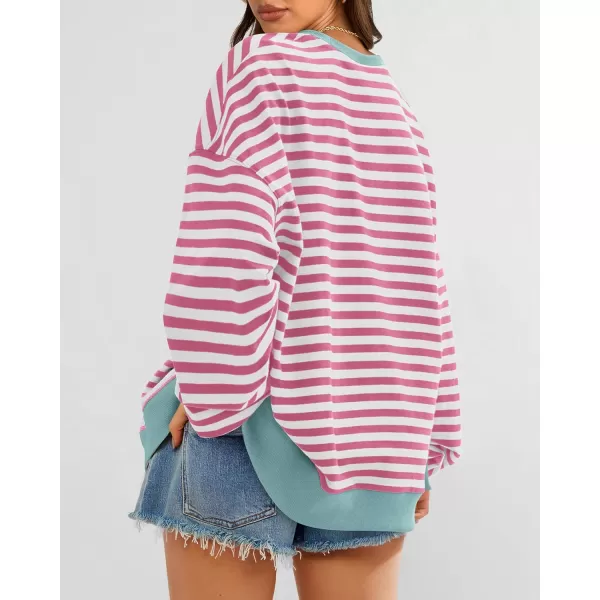 BTFBM Womens Striped Pullover Tops 2024 Fall Clothes Long Lantern Sleeve Soft Loose Crew Neck Y2K SweatshirtsPink White