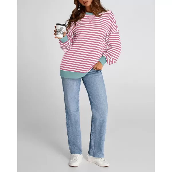 BTFBM Womens Striped Pullover Tops 2024 Fall Clothes Long Lantern Sleeve Soft Loose Crew Neck Y2K SweatshirtsPink White