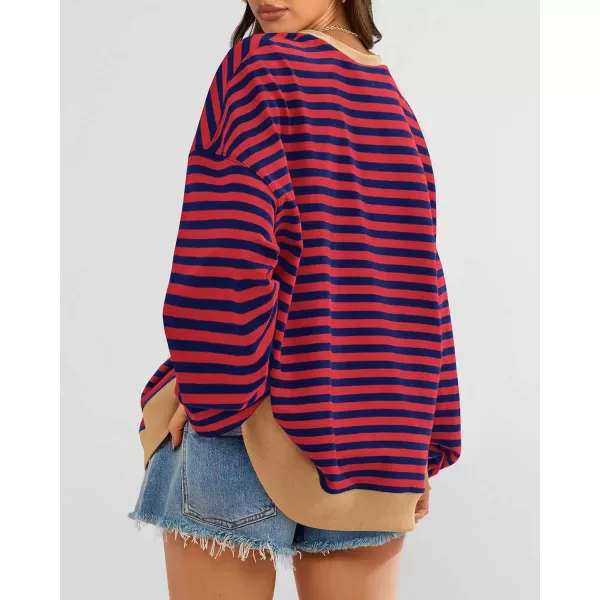 BTFBM Womens Striped Pullover Tops 2024 Fall Clothes Long Lantern Sleeve Soft Loose Crew Neck Y2K SweatshirtsRed Navy