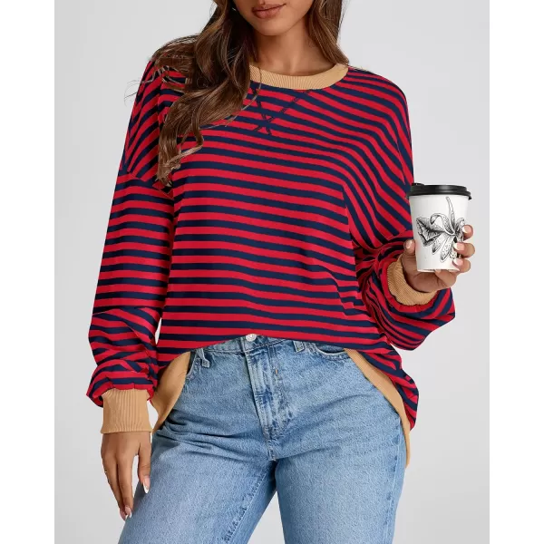 BTFBM Womens Striped Pullover Tops 2024 Fall Clothes Long Lantern Sleeve Soft Loose Crew Neck Y2K SweatshirtsRed Navy