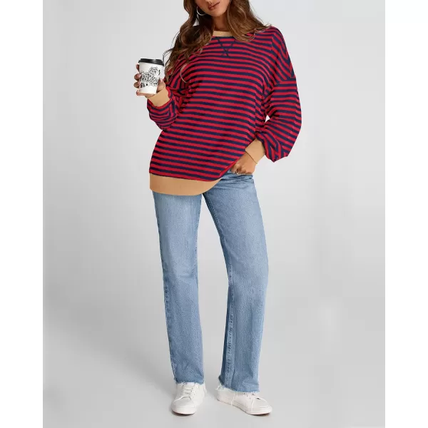 BTFBM Womens Striped Pullover Tops 2024 Fall Clothes Long Lantern Sleeve Soft Loose Crew Neck Y2K SweatshirtsRed Navy