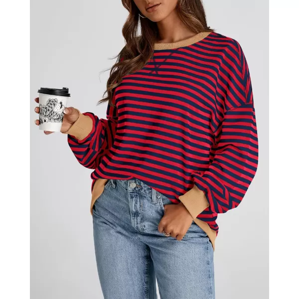 BTFBM Womens Striped Pullover Tops 2024 Fall Clothes Long Lantern Sleeve Soft Loose Crew Neck Y2K SweatshirtsRed Navy
