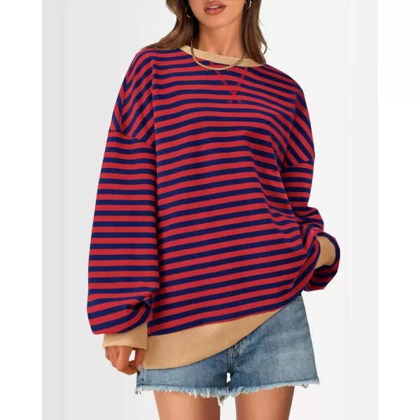 BTFBM Womens Striped Pullover Tops 2024 Fall Clothes Long Lantern Sleeve Soft Loose Crew Neck Y2K SweatshirtsRed Navy