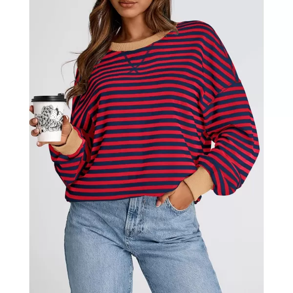 BTFBM Womens Striped Pullover Tops 2024 Fall Clothes Long Lantern Sleeve Soft Loose Crew Neck Y2K SweatshirtsRed Navy