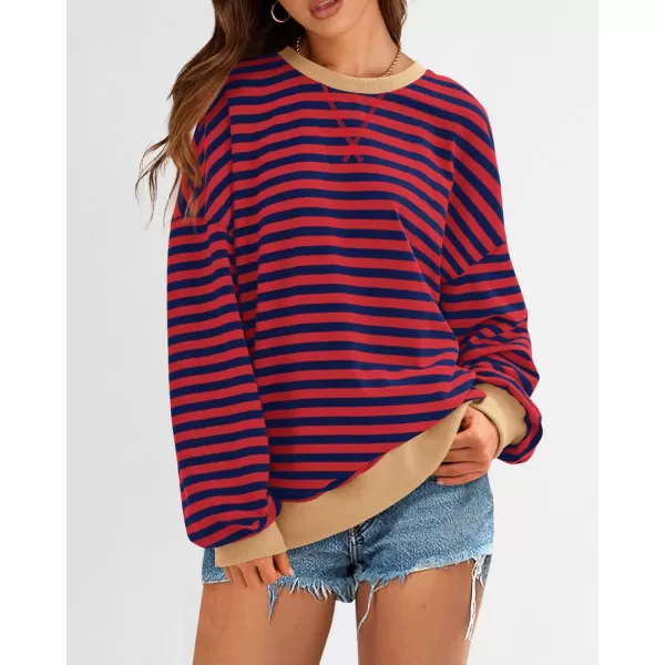 BTFBM Womens Striped Pullover Tops 2024 Fall Clothes Long Lantern Sleeve Soft Loose Crew Neck Y2K SweatshirtsRed Navy