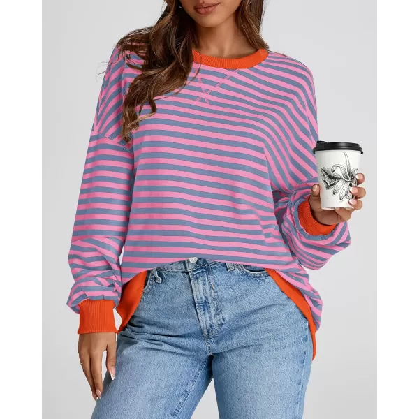 BTFBM Womens Striped Pullover Tops 2024 Fall Clothes Long Lantern Sleeve Soft Loose Crew Neck Y2K SweatshirtsRose Red Grey Blue