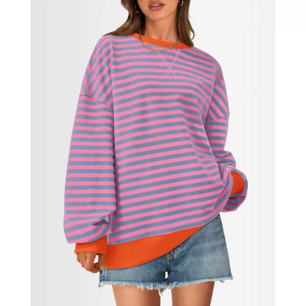 BTFBM Womens Striped Pullover Tops 2024 Fall Clothes Long Lantern Sleeve Soft Loose Crew Neck Y2K SweatshirtsRose Red Grey Blue