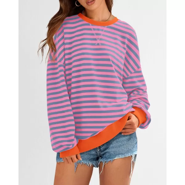 BTFBM Womens Striped Pullover Tops 2024 Fall Clothes Long Lantern Sleeve Soft Loose Crew Neck Y2K SweatshirtsRose Red Grey Blue