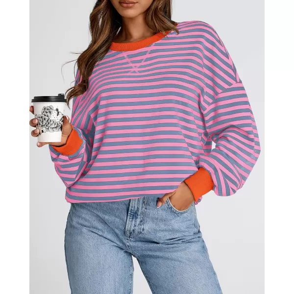 BTFBM Womens Striped Pullover Tops 2024 Fall Clothes Long Lantern Sleeve Soft Loose Crew Neck Y2K SweatshirtsRose Red Grey Blue