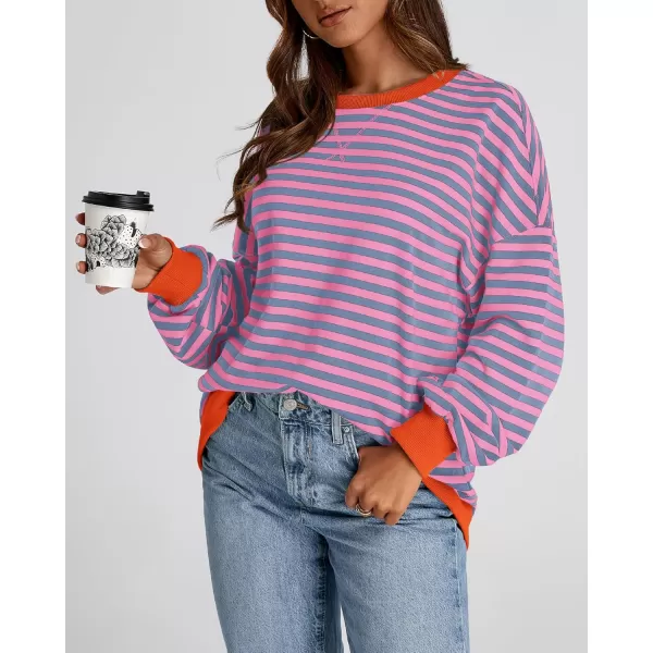 BTFBM Womens Striped Pullover Tops 2024 Fall Clothes Long Lantern Sleeve Soft Loose Crew Neck Y2K SweatshirtsRose Red Grey Blue