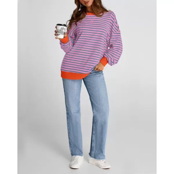 BTFBM Womens Striped Pullover Tops 2024 Fall Clothes Long Lantern Sleeve Soft Loose Crew Neck Y2K SweatshirtsRose Red Grey Blue