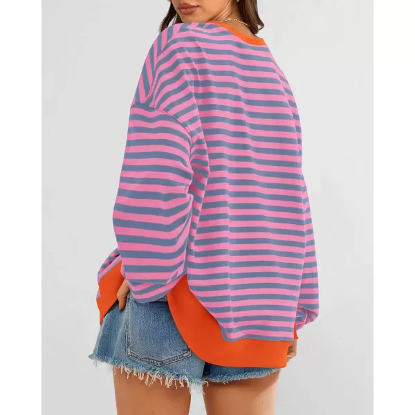 BTFBM Womens Striped Pullover Tops 2024 Fall Clothes Long Lantern Sleeve Soft Loose Crew Neck Y2K SweatshirtsRose Red Grey Blue