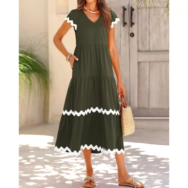BTFBM Womens Summer Dresses 2024 V Neck Cap Sleeve Ric Rac Loose Tiered ALine Beach Vacation Midi Dress with PocketSolid Army Green
