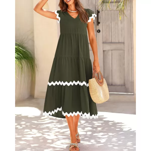 BTFBM Womens Summer Dresses 2024 V Neck Cap Sleeve Ric Rac Loose Tiered ALine Beach Vacation Midi Dress with PocketSolid Army Green