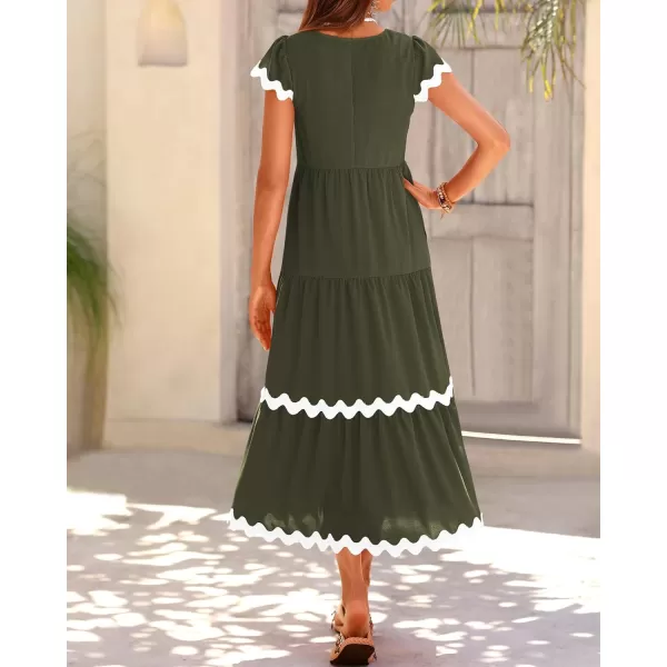 BTFBM Womens Summer Dresses 2024 V Neck Cap Sleeve Ric Rac Loose Tiered ALine Beach Vacation Midi Dress with PocketSolid Army Green